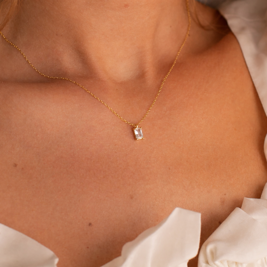 Rectangular Zircon Silver Pendant Necklace
