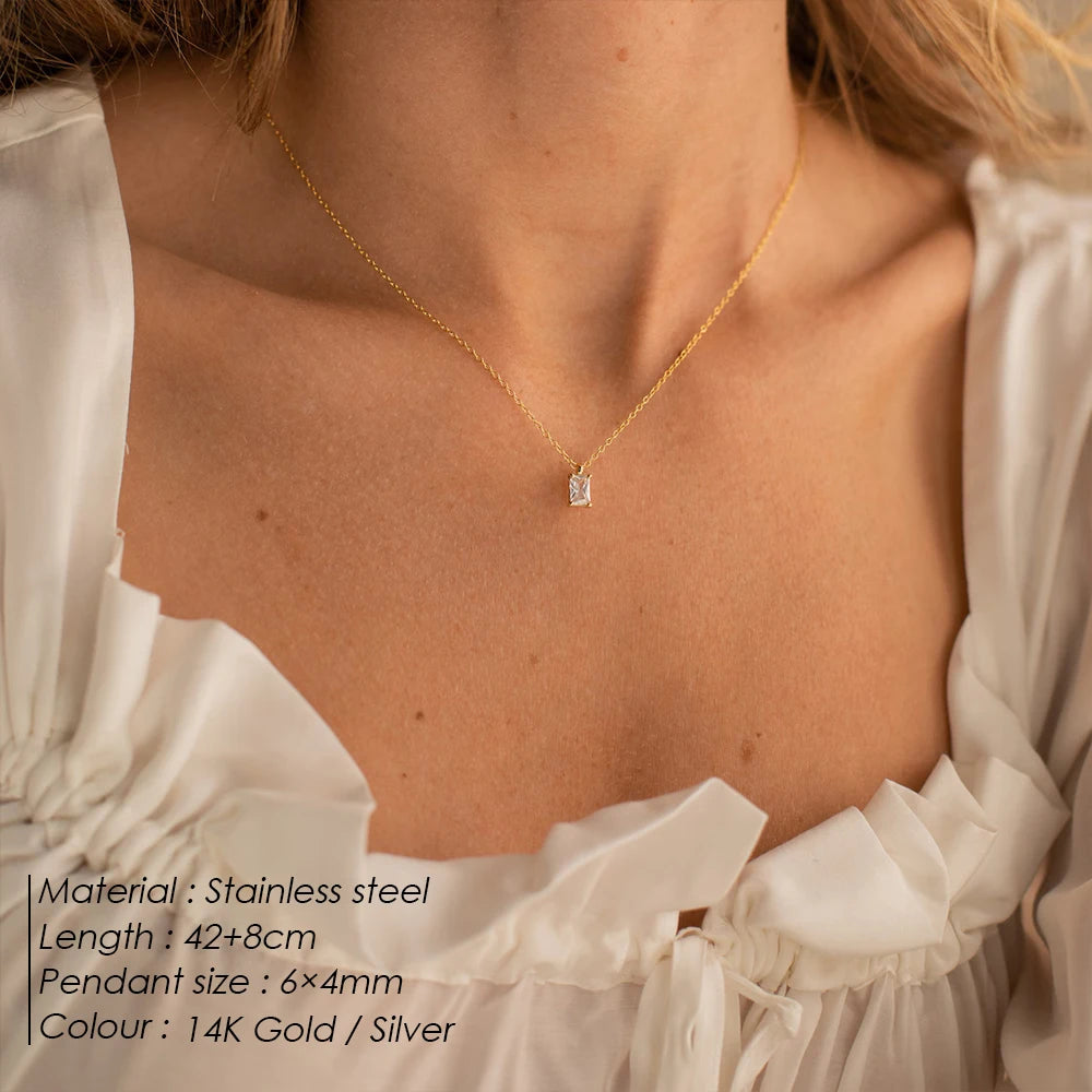 Rectangular Zircon Silver Pendant Necklace