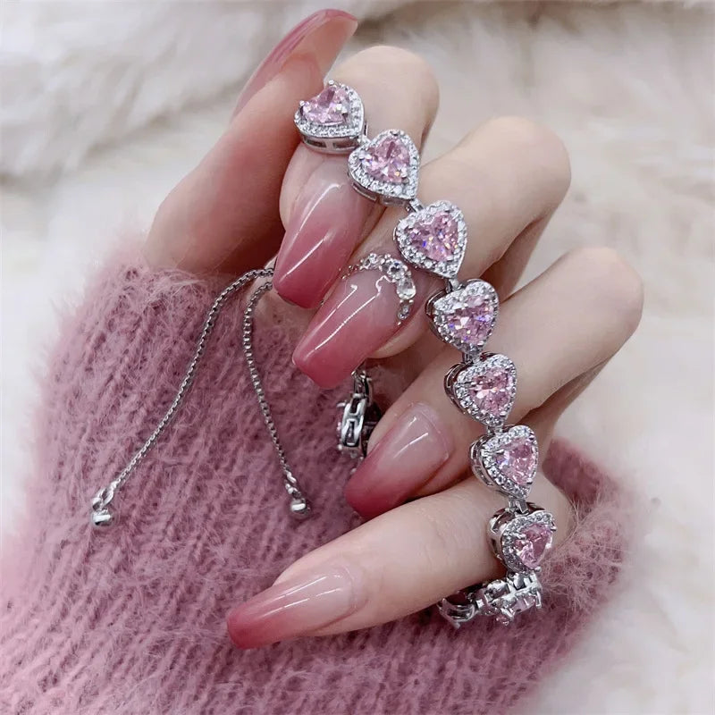 Pink & White Heart CZ Silver Bracelet