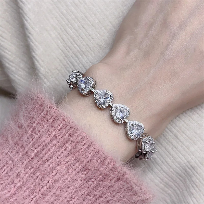 Pink & White Heart CZ Silver Bracelet