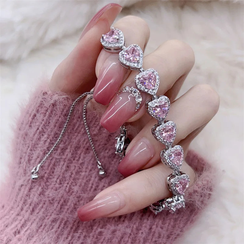 Pink & White Heart CZ Silver Bracelet