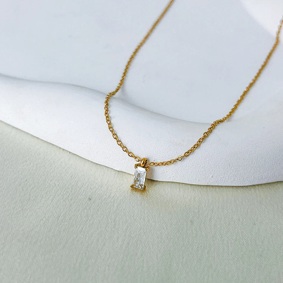 Rectangular Zircon Silver Pendant Necklace