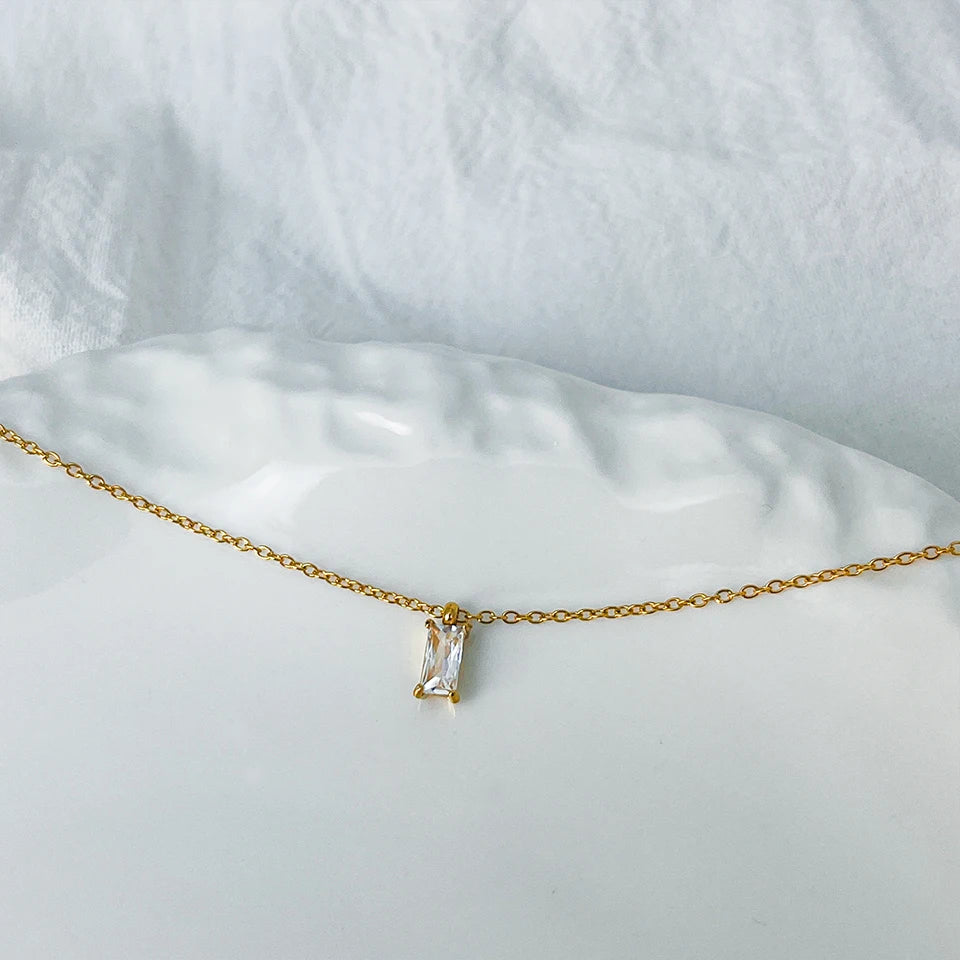 Rectangular Zircon Silver Pendant Necklace
