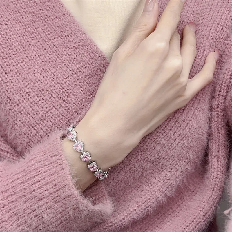 Pink & White Heart CZ Silver Bracelet