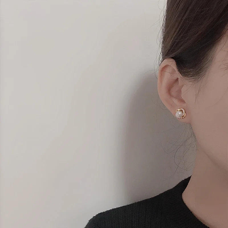 14K Gold Pearl Twist Stud Earrings
