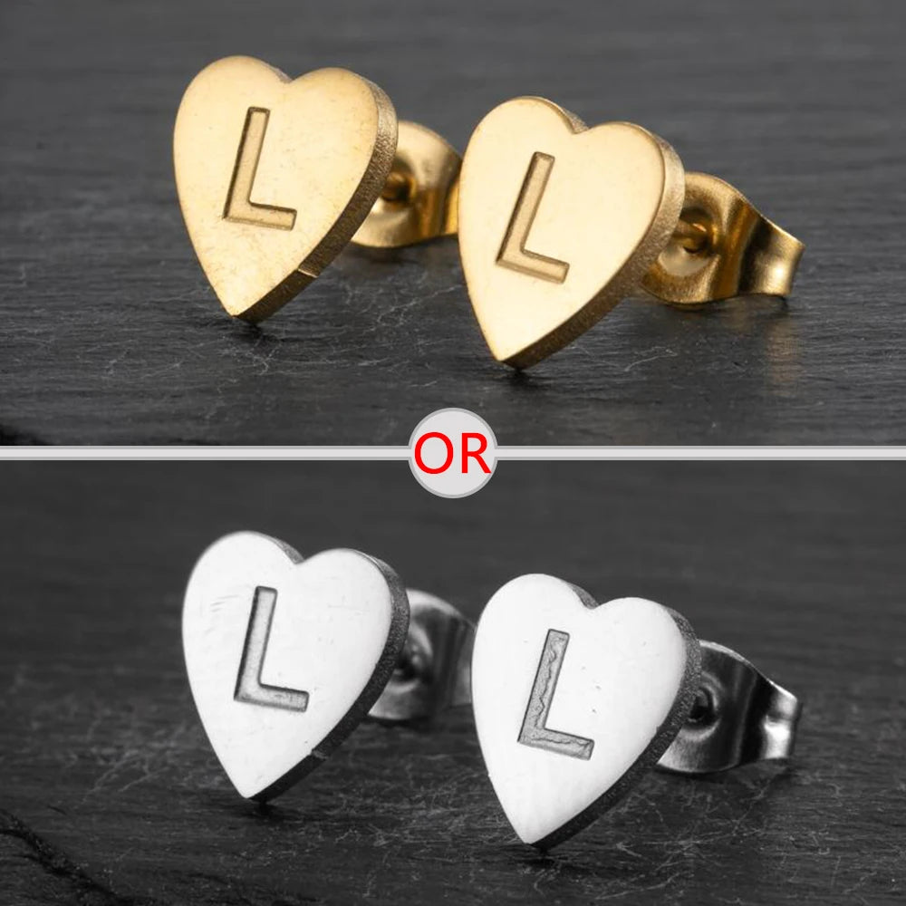 Initial Letter Heart Stud Earrings