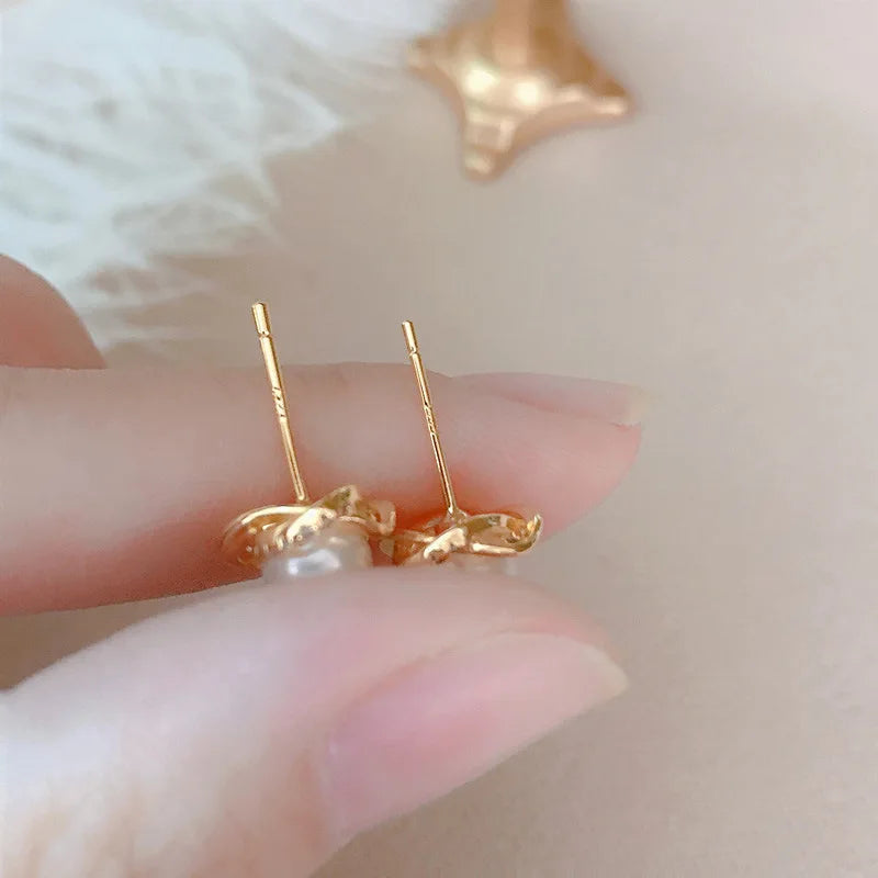 14K Gold Pearl Twist Stud Earrings