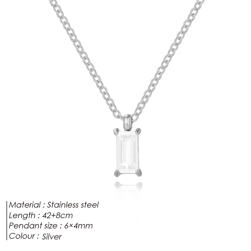 Rectangular Zircon Silver Pendant Necklace