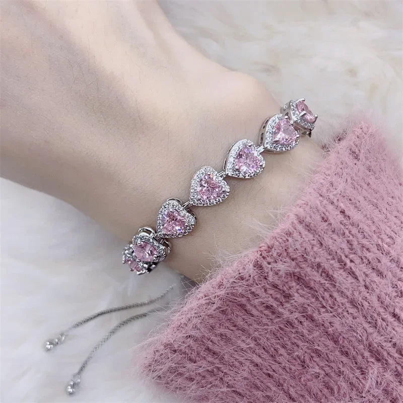 Pink & White Heart CZ Silver Bracelet