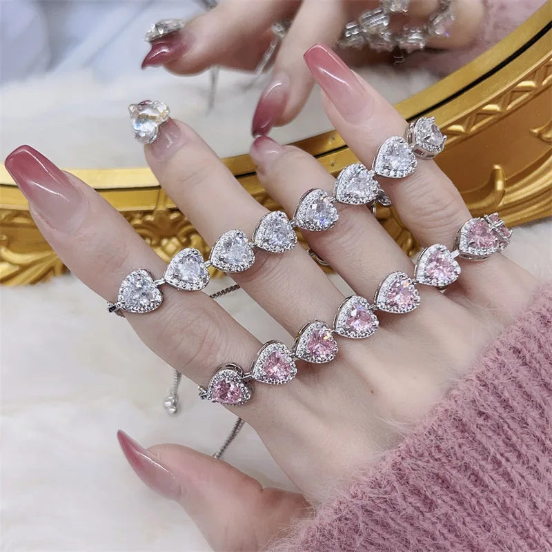 Pink & White Heart CZ Silver Bracelet