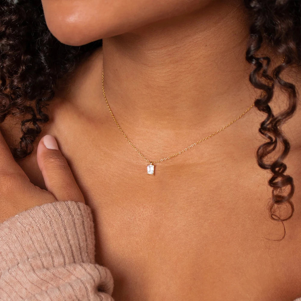 Rectangular Zircon Silver Pendant Necklace