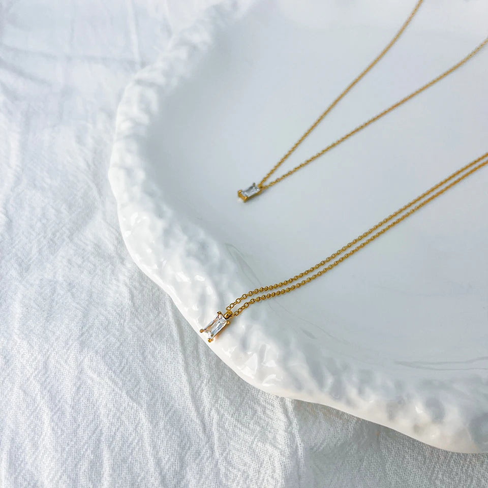 Rectangular Zircon Silver Pendant Necklace