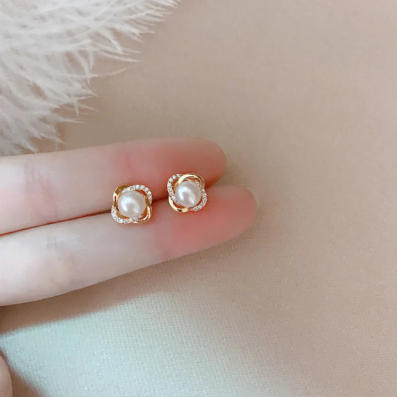 14K Gold Pearl Twist Stud Earrings